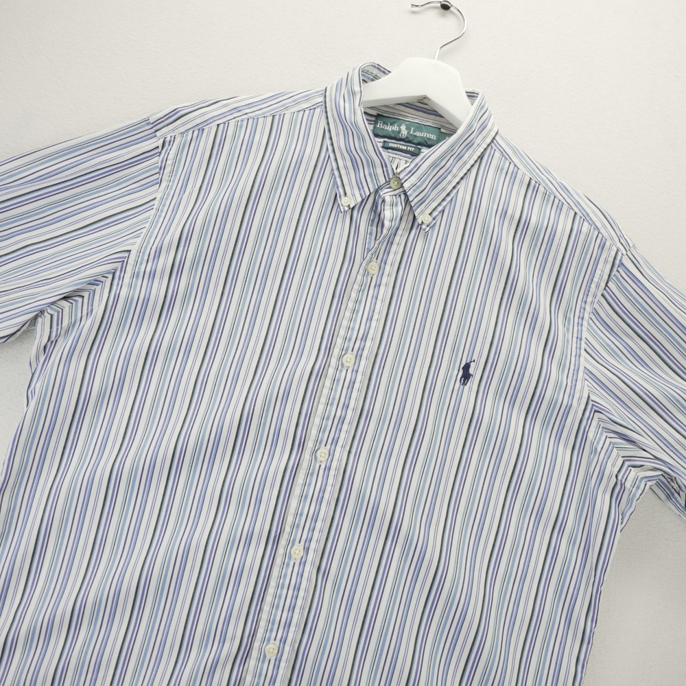 Ralph Lauren Mens Large Custom Fit Short Sleeve Striped Button Down Shirt Blue